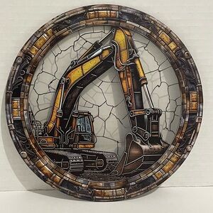 Suncatcher Acrylic Excavator Machinery Digger Faux Stained Glass Home Decor 7.5”